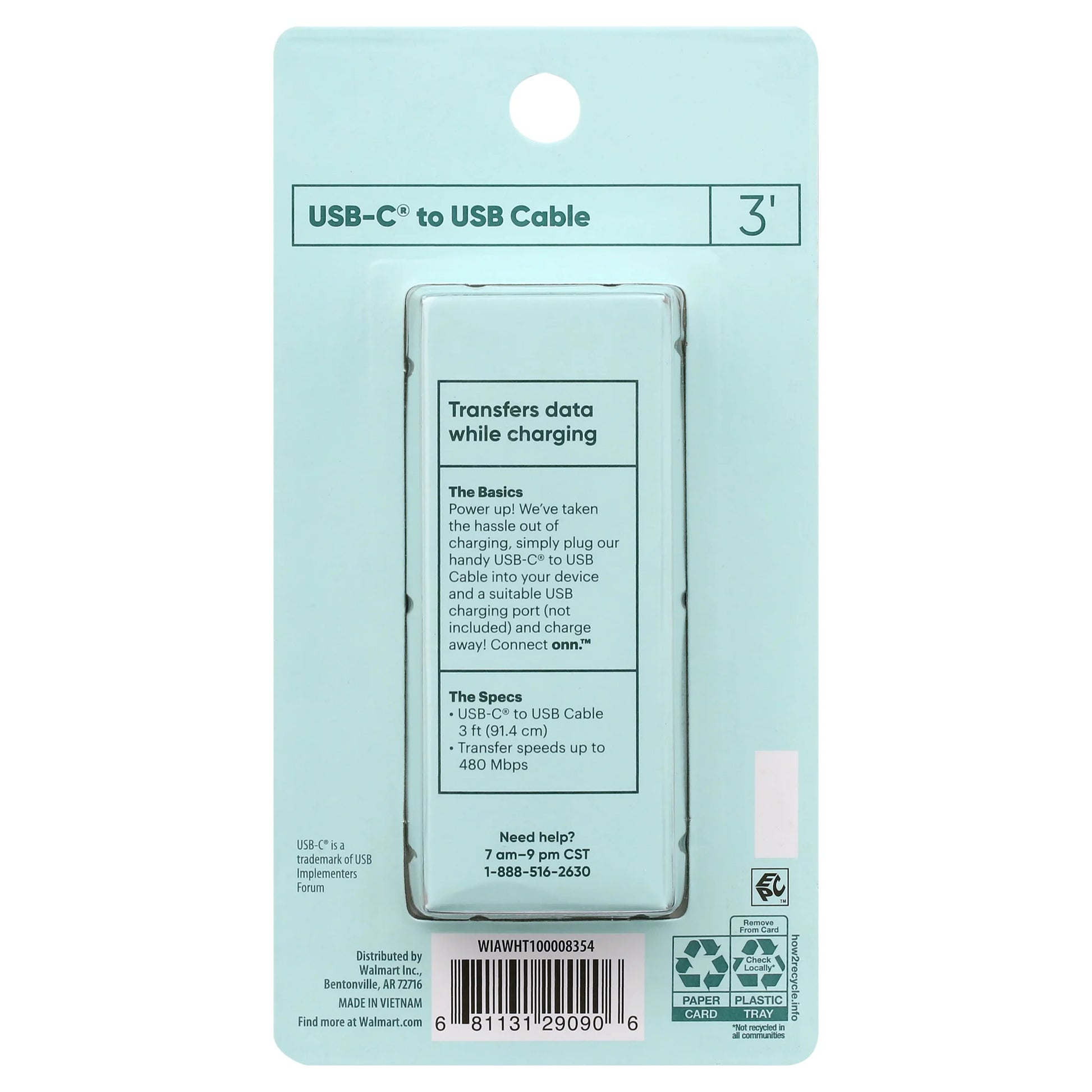3' USB to USB-C Charging Cable, White