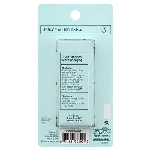 3' USB to USB-C Charging Cable, White